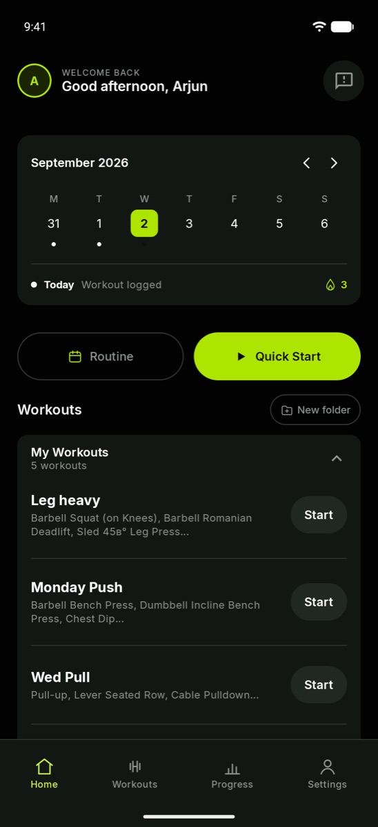 FitJot home screen: a weekly calendar with today's workout logged, Routine and Quick Start buttons, and saved workouts like Leg heavy, Monday Push and Wed Pull.